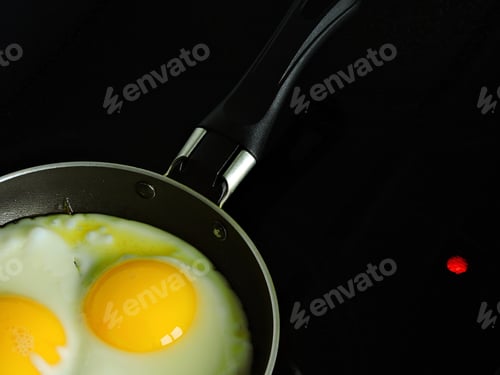 Preview: Two Eggs In A Frying Pan Are Cooked On A Flat Hob