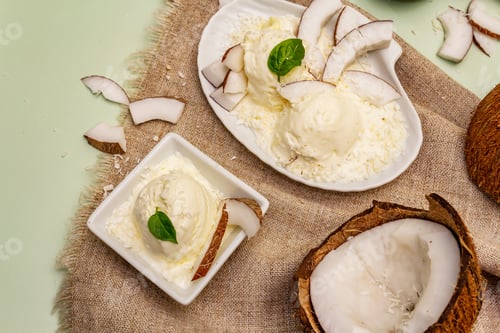 Preview: Lactose Free Coconut Ice Cream. Special Spoon, Halves Of Fruit, Flakes. Vegan Dessert Concept