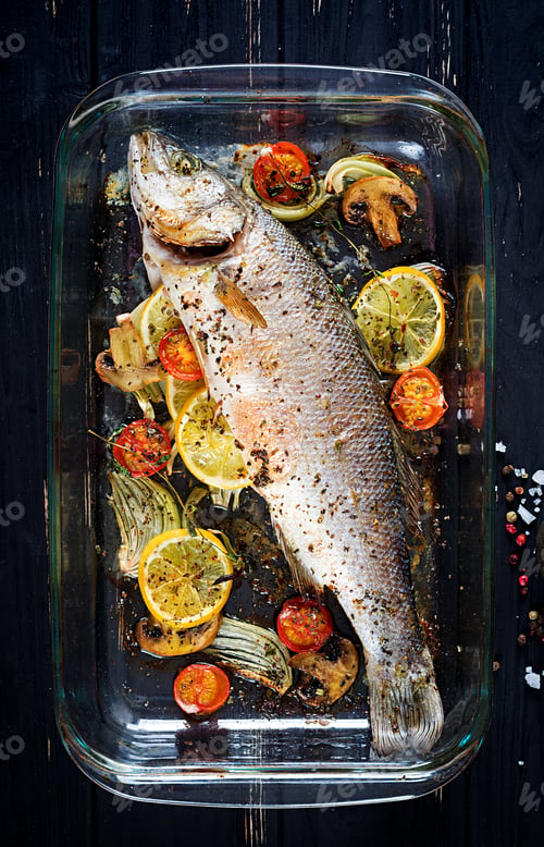 Preview: Baked Sea Bass In A Baking Dish With Spices And Vegetables On An Black Background. Dietary Menu