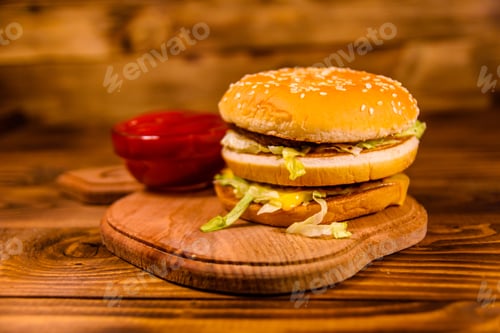 Preview: Hamburger And Sauce On Rustic Wooden Table
