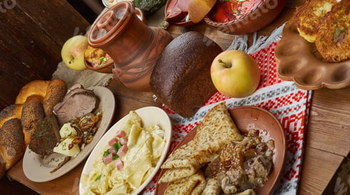 Vorschau: Belarusian Cuisine, Traditional Assorted Dishes, Top View.