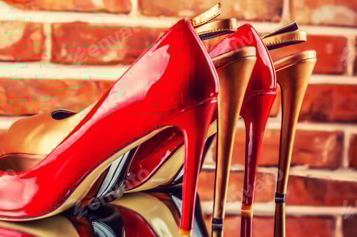 Preview: Red and Gold Stiletto Heels on Reflective Surface