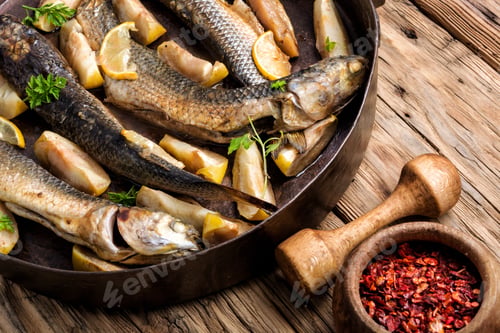 Preview: Baked Fish In Apples, Lemon And Spices.Grilled Pelengas.