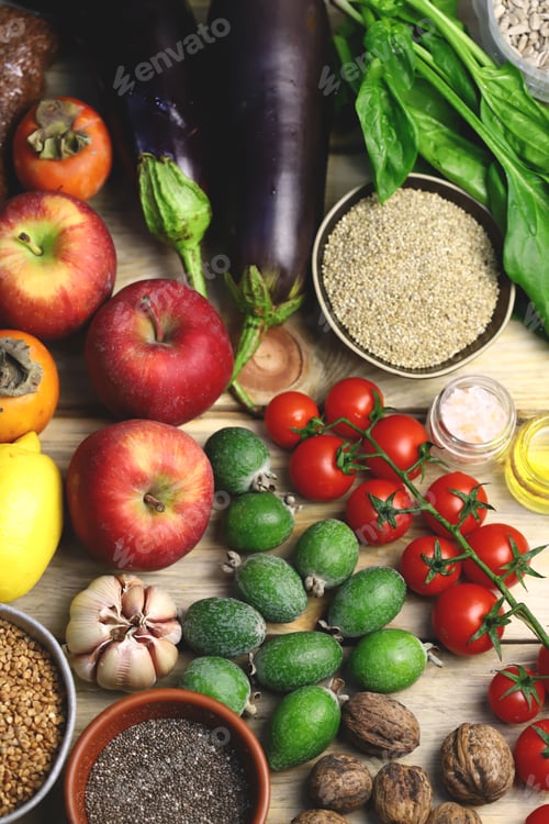 Preview: A Set Of Healthy Foods For Proper Nutrition. Vegetables, Fruits, Cereals, Seeds, Nuts.