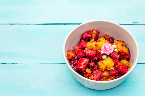 Preview: Summer Sweet Cold Dessert. Assorted Frozen Fruit Puree. On Wooden Boards Background, Copy Space