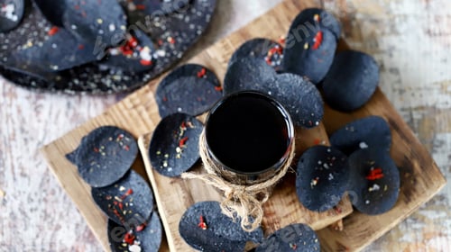 Preview: Selective Focus. Blur. Black Chips And Black Drink. Black Food Concept. Black Snack Trend.