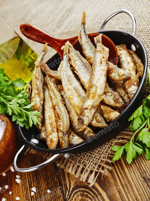 Preview: Fried Fish Capelin In A Pan On The Table
