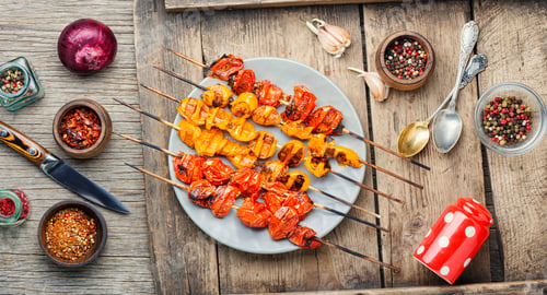Preview: Vegetable Skewers Of Tomatoes.Vegetarian Kebabs On Wooden Table