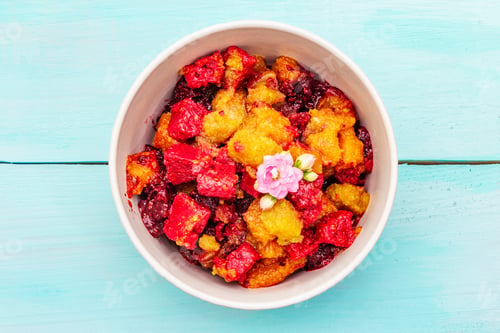 Preview: Summer Sweet Cold Dessert. Assorted Frozen Fruit Puree. On Wooden Boards Background, Close Up, Top