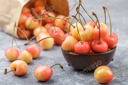Preview: Red And Yellow Rainier Cherries With Drops Of Water In A Clay Bowl On The Gray Concrete Surface