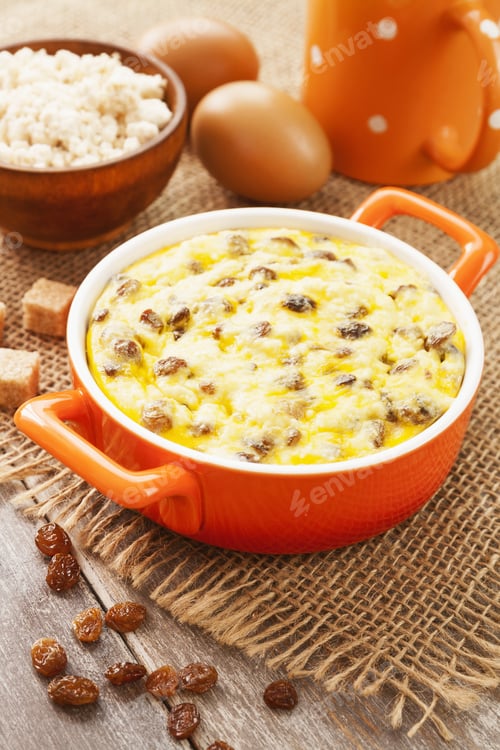 Preview: Cottage Cheese Casserole In A Ceramic Pot On A Table