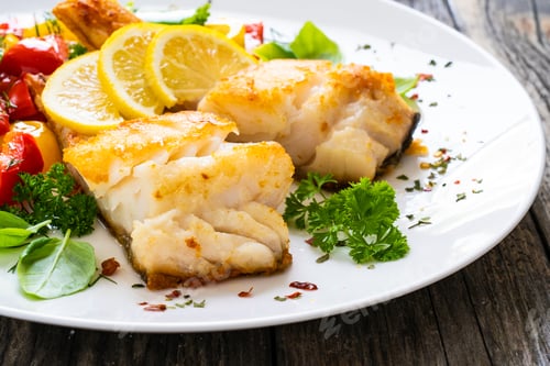 Preview: Fish Dish - Fried Cod Fillet With Fried Vegetables And Lemon Served On Wooden Table