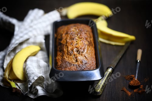 Preview: Selective Focus. Banana Bread In A Baking Dish. Homemade Banana Bread With Chocolate.