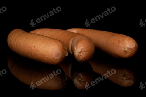 Preview: Group Of Three Whole Pork Frankfurt Sausage Isolated On Black Glass