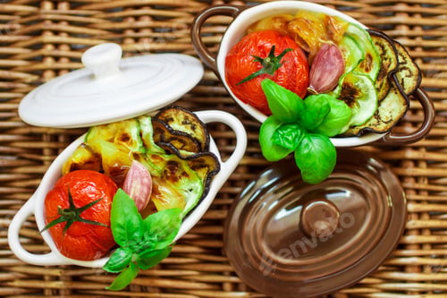 Preview: Vegetables, The Roasted - Eggplant, Zucchini, Tomatoes, Peppers And Garlic. Dietary Nutrition. Soft