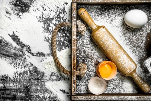 Preview: Dough Backround. Flour With Eggs And Rolling Pin. On The Stone Table.