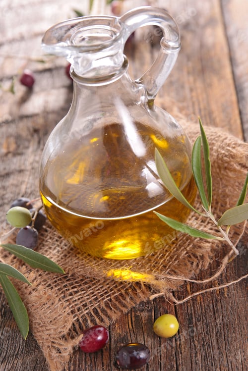 Olive Oil Still Life with Olives and Burlap