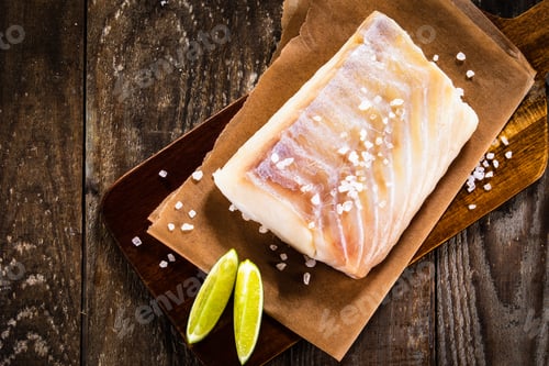 Preview: Fresh Raw Cod With Lemon On Cutting Board On Wooden Table