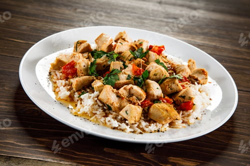 Preview: Grilled Meat, White Rice And Vegetables On Wooden Table