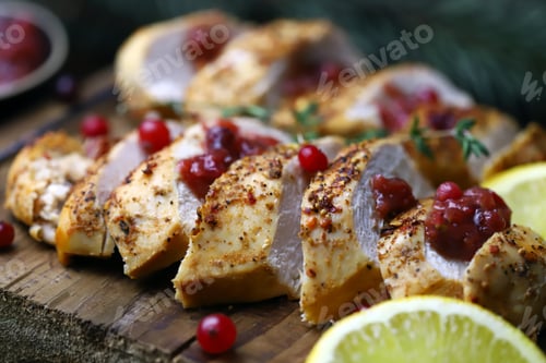 Preview: Selective Focus. Turkey Fillet With Cranberry Sauce. Festive Food. Christmas Mood.