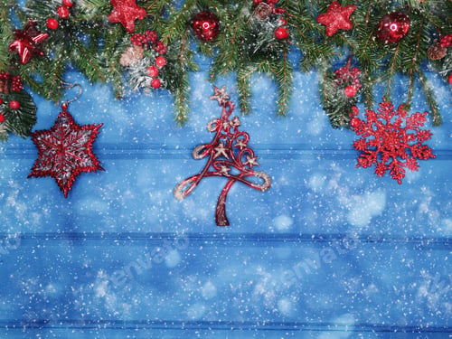 Preview: Winter Christmas Background With Decor On Fir Branches Cones And Snow On Blue Wooden Texture