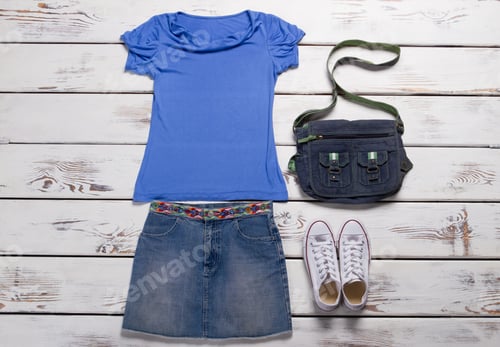 Preview: Clothing For Teens. Youth Women'S Clothing. Denim Skirt With A Blue Tank Top. White Sneakers And