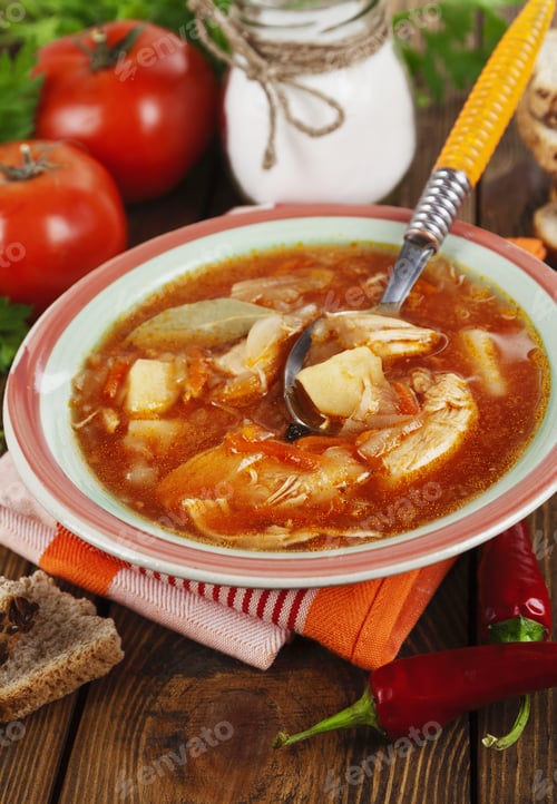 Preview: Soup With Cabbage And Meat. Russian Traditional Dish
