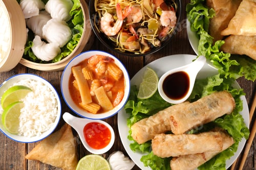 Preview: Assorted Of Asian Food With Spring Roll, Soup, Shrimp, Rice