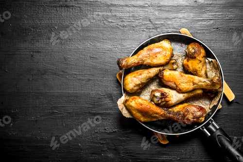 Preview: Fried Chicken Legs In A Frying Pan. On A Black Wooden Background.