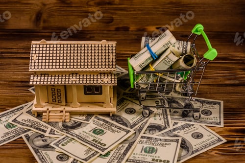 Preview: Small Shopping Cart With Rolled Up One Hundred Dollar Banknotes And Plywood Model Of The House On