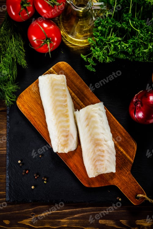 Preview: Fresh Raw Cod With Herbs Served On Black Stone On Wooden Table