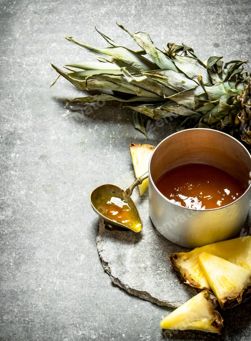 Preview: Pineapple Jam In A Small Saucepan. On A Stone Background.
