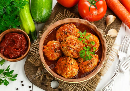 Preview: Meatballs With Vegetables And Tomato Sauce On The Table