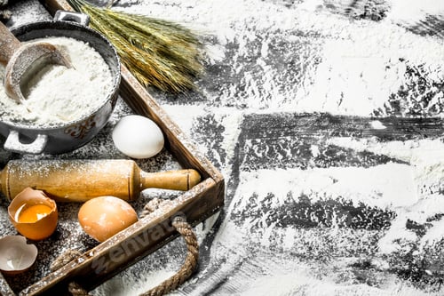 Preview: Dough Backround. Flour With Eggs And Rolling Pin. On The Stone Table.