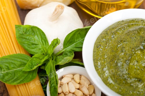 Preview: Italian Traditional Basil Pesto Pasta Ingredients Parmesan Cheese Pine Nuts Extra Virgin Olive Oil