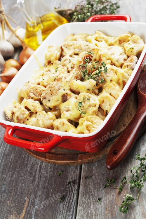 Preview: Casserole With Cauliflower, Chicken And Cheese In A Ceramic Pot