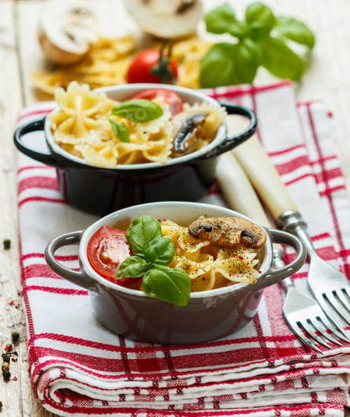 Preview: Farfalle With Vegetables. Pasta With Mushrooms, Tomatoes, Basil And Spices