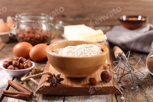 Preview: Baking Ingredient With Butter, Flour, Egg, Chocolate- Cake Ingredient Recipe