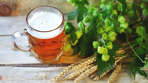 Preview: A Glass Of Wheat Beer On A Wooden Surface. Wheat And Hops. Beer Concept.