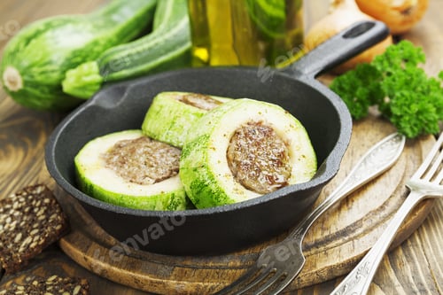 Preview: Zucchini With Meat In The Frying Pan On The Table