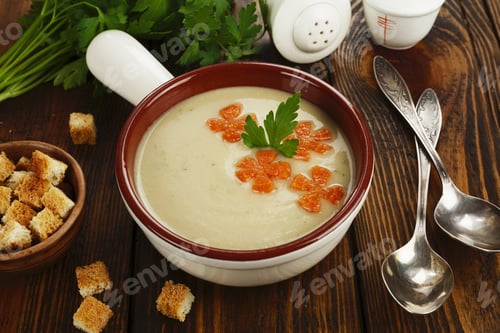 Preview: Chicken Cream Soup With Croutons In A Pot