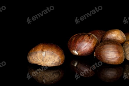 Preview: Group Of Six Whole Edible Brown Chestnut Isolated On Black Glass