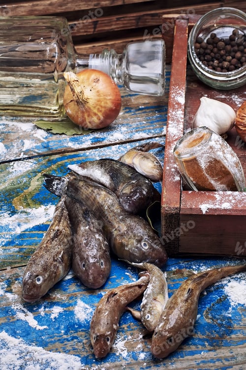Preview: Raw Fish Breed Perciformes Called Bull On Background Attributes Kitchen Before Cooking