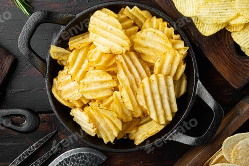 Preview: Potatoe Chips Set, On Old Dark Wooden Table, Top View Flat Lay
