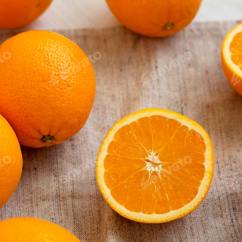 Preview: Organic Oranges On Cloth, Side View. Closeup.
