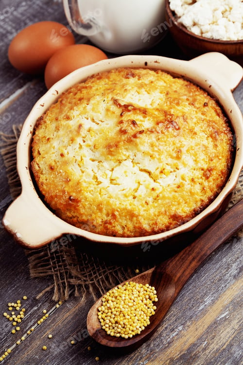 Preview: Casserole With Millet And Curd On The Wooden Table