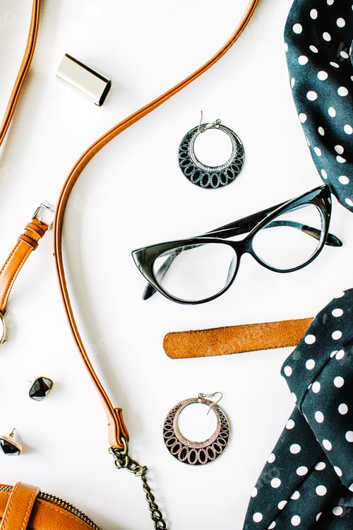 Preview: Flat Lay Feminini Clothes And Accessories Collage With Black Dress, Glasses, High Heel Shoes