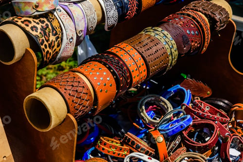 Preview: Kremenchug, Ukraine - June 8, 2019: Different Leather Wristbands For Sale On Street Fair