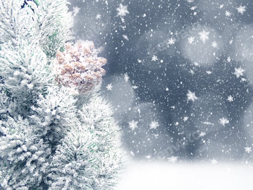 Preview: Winter Christmas Background With Fir Branches Cones And Snow On Blue Wooden Texture