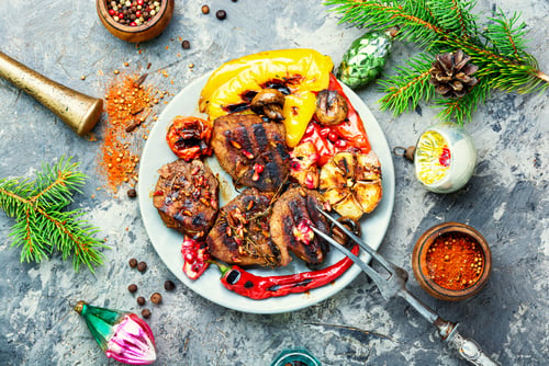 Preview: Grilled Veal With Vegetables.Christmas Food.Beef In Pomegranate Sauce.Holiday Food
